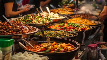 Obraz premium A vibrant international food bazaar with colorful stalls offering dishes from Mexico, Italy, India, and China, highlighting the diversity and richness of global cuisines.