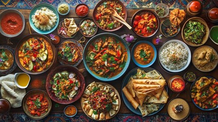 A vibrant spread of international dishes showcasing diverse cuisines from Asia, Europe, and the Americas, featuring colorful and unique ingredients.