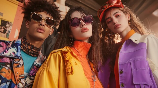 A vibrant, youthful fashion scene with Gen Z individuals displaying their unique style through bold clothing choices and creative accessories.