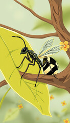 Naklejka premium A large yellow and black wasp is sitting on a rock next to a smaller wasp
