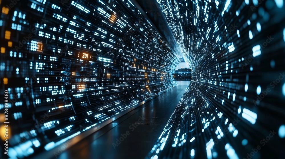Poster futuristic data tunnel with bright lights and digital patterns