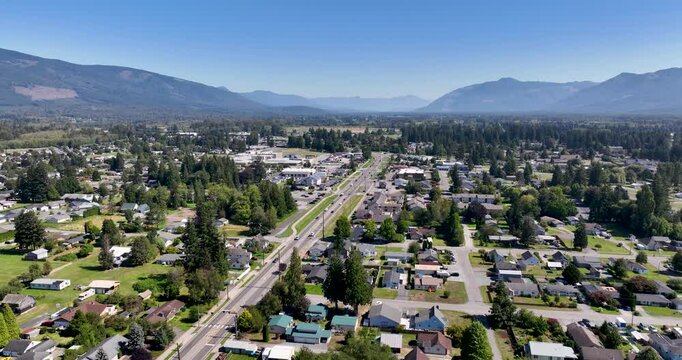 Summer Aerial Landscape of Sedro-Woolley, Washington Featuring Homes and Highway 20