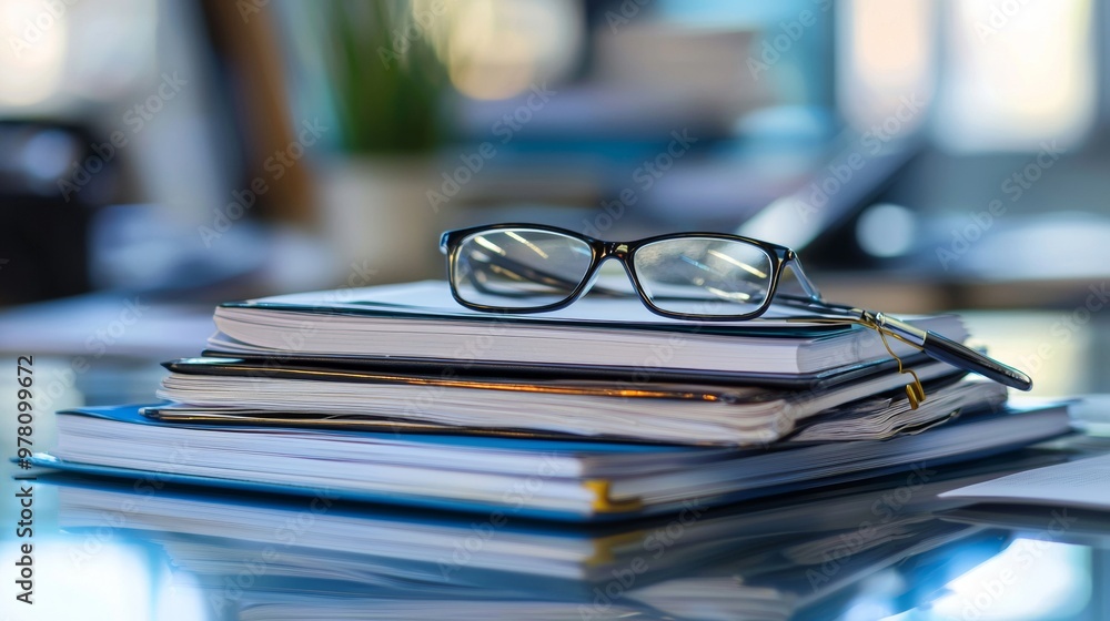 Poster stack of books with glasses on top in a quiet workspace