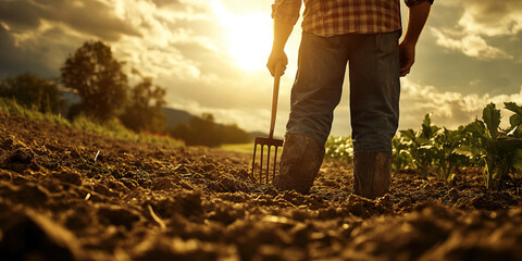 Farmer's Labor: A man tilling a soil with a pitchfork, his strong back and focused gaze reflecting a life dedicated to the land.
