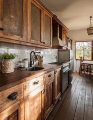 Rustic kitchen with reclaimed wood cabinetry and vintage-style appliances