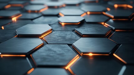 Obraz premium Hexagonal grid with reflective chrome surfaces, metallic silver textures, glowing edges, sharp geometric shapes, futuristic digital aesthetic, high-tech sci-fi lighting