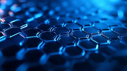 Obraz premium High-tech hexagonal grid, neon blue glow, digital texture, dark background, cyberpunk style