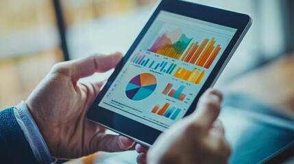 Hands analyzing data on a tablet with colorful charts and graphs
