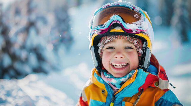 little smiling boy skiing at ski resort, ski slope, white snow, winter sport, child, kid, sports uniform, helmet, mask, active lifestyle, childhood, children, speed, competition, training, december