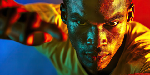 Obraz premium Intense Dancer: A shot of a man's face, his expression intense as he leaps in mid-air.