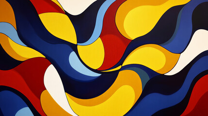 A vibrant abstract design featuring bold geometrical shapes in red, yellow, and blue, intertwined with flowing wavy lines, creating a dynamic surface.