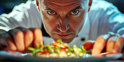 Serious Chef: A close-up of a man's face, concentrating on plating a delicate dish.