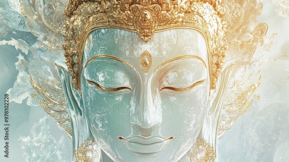 Wall mural golden lord buddha image with intricate decorations, set against a soft, luxurious white and light b