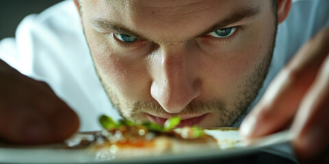 Serious Chef: A close-up of a man's face, concentrating on plating a delicate dish.