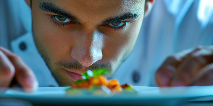 Serious Chef: A close-up of a man's face, concentrating on plating a delicate dish.