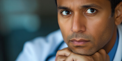 Thoughtful Doctor: A portrait of a man wearing a stethoscope, deep in thought.