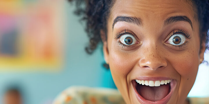 Passionate Teacher: A close-up of a woman's face, teaching a class with excitement and enthusiasm.