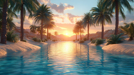 Palm Trees and a Stream in Desert Sunset 3D Illustration