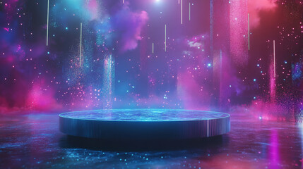 An empty, modern display pedestal with a holographic base and dynamic lighting, floating in a vibrant metaverse filled with digital particles and neon effects.
