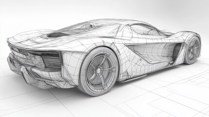 Naklejka premium A 3D wireframe model of a futuristic car design in a rendering program, with detailed lines and shapes visible.