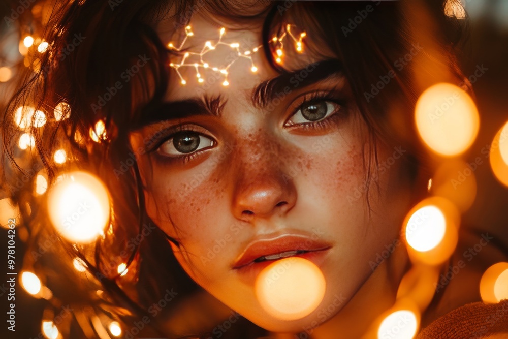 Poster Young woman with freckles and glowing fairy lights reflecting in her eyes symbolizing the magical beauty of illuminated wonder and the warmth of inner light