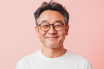 Middle-aged Japanese man with glasses, smiling warmly, radiating calm and friendliness, set against a light pink background, showing a balanced and open personality.