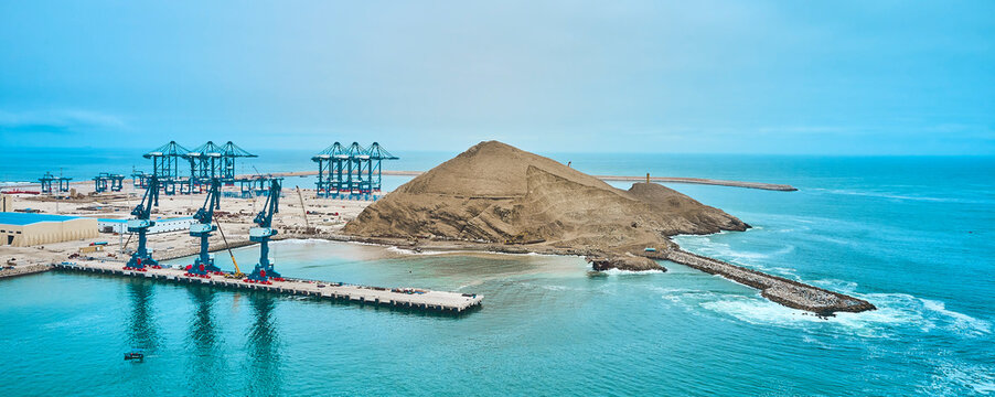 Chancay seaport. Located in Peru, Mega port under construction, future maritime hub of South America. Chancay Lima, Peru.