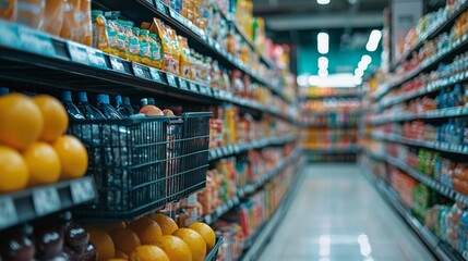 Fototapeta premium Blurred supermarket aisle with a shopping basket and various products