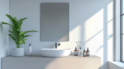 Fototapeta premium Modern bathroom vanity with sink, mirror, and toiletries on a light background, showcasing a minimalistic interior