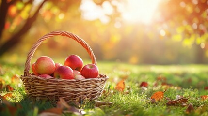 A basket of freshly picked apples sitting on the grass in an apple orchard, with trees in the background.