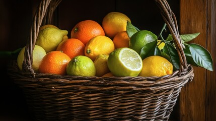 A basket of mixed citrus fruits with oranges, lemons, and limes, arranged in a rustic kitchen setting.