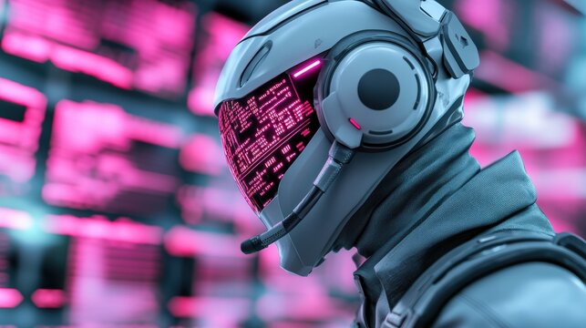 A close up of a futuristic helmet with glowing lights on it, AI