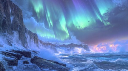 Fototapeta premium A breathtaking display of the Aurora Borealis over a remote, icy coastline, with rugged cliffs and a turbulent sea below.