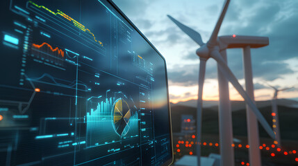 Modern wind turbine with a detailed energy data analytics dashboard in the foreground, displaying real-time statistics and graphs for effective power production monitoring