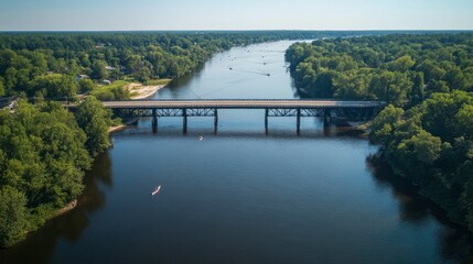 A bridge covered in ivy spanning a peaceful river, with ducks swimming below and trees arching over the water.