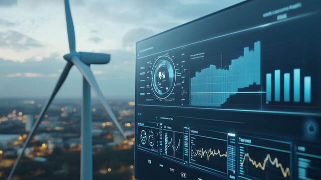 Modern wind turbine with a detailed energy data analytics dashboard in the foreground, displaying real-time statistics and graphs for effective power production monitoring