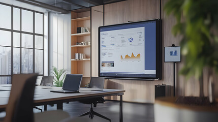 Modern Office Interior with Large Screen Displaying Data Charts