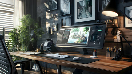 Modern Home Office Illustration with Computer, Desk, and Plants