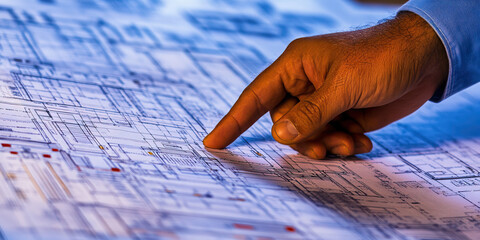 Architect's Visionary Design: A man pointing to a detailed architectural blueprint.