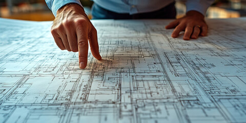 Architect's Visionary Design: A man pointing to a detailed architectural blueprint.