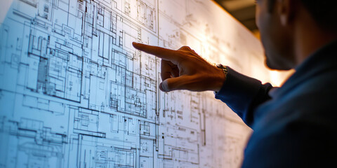 Architect's Visionary Design: A man pointing to a detailed architectural blueprint.
