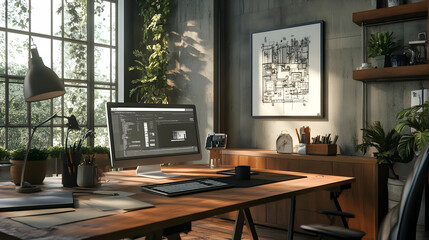 Modern Home Office Workspace with Greenery and Large Window