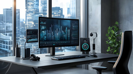 Modern Office Desk Setup with Computer, Keyboard, Mouse, and Speakers - 3D Illustration