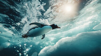 Naklejka premium A stunning underwater view of a penguin swimming gracefully through clear blue waters, illuminated by sunlight.