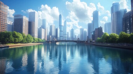 Fototapeta premium A city river with modern skyscrapers lining the banks, reflecting in the water on a sunny day.