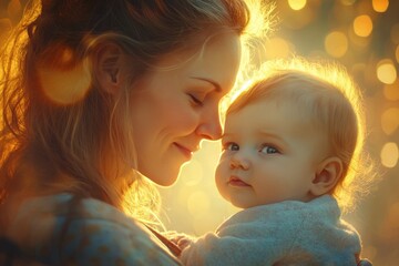 A tender moment between a mother and her baby, captured in a soft, golden light, showcasing love and connection.