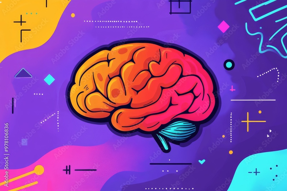 Poster colorful cartoon brain with stylized lines and shapes on a bright abstract background representing c