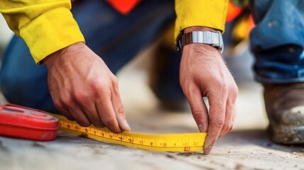 A close-up of a construction worker hands using a tape measure to ensure precise measurements for a project.