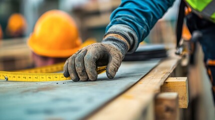 A close-up of a construction worker hands using a tape measure to ensure precise measurements for a project.