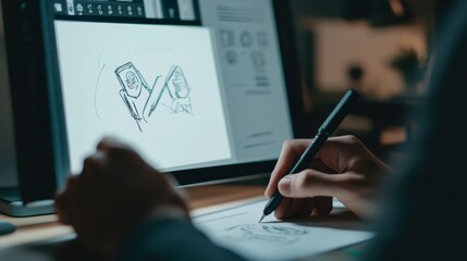 A close-up of a designer's hand sketching initial logo concepts, with a digital version displayed on a nearby screen.